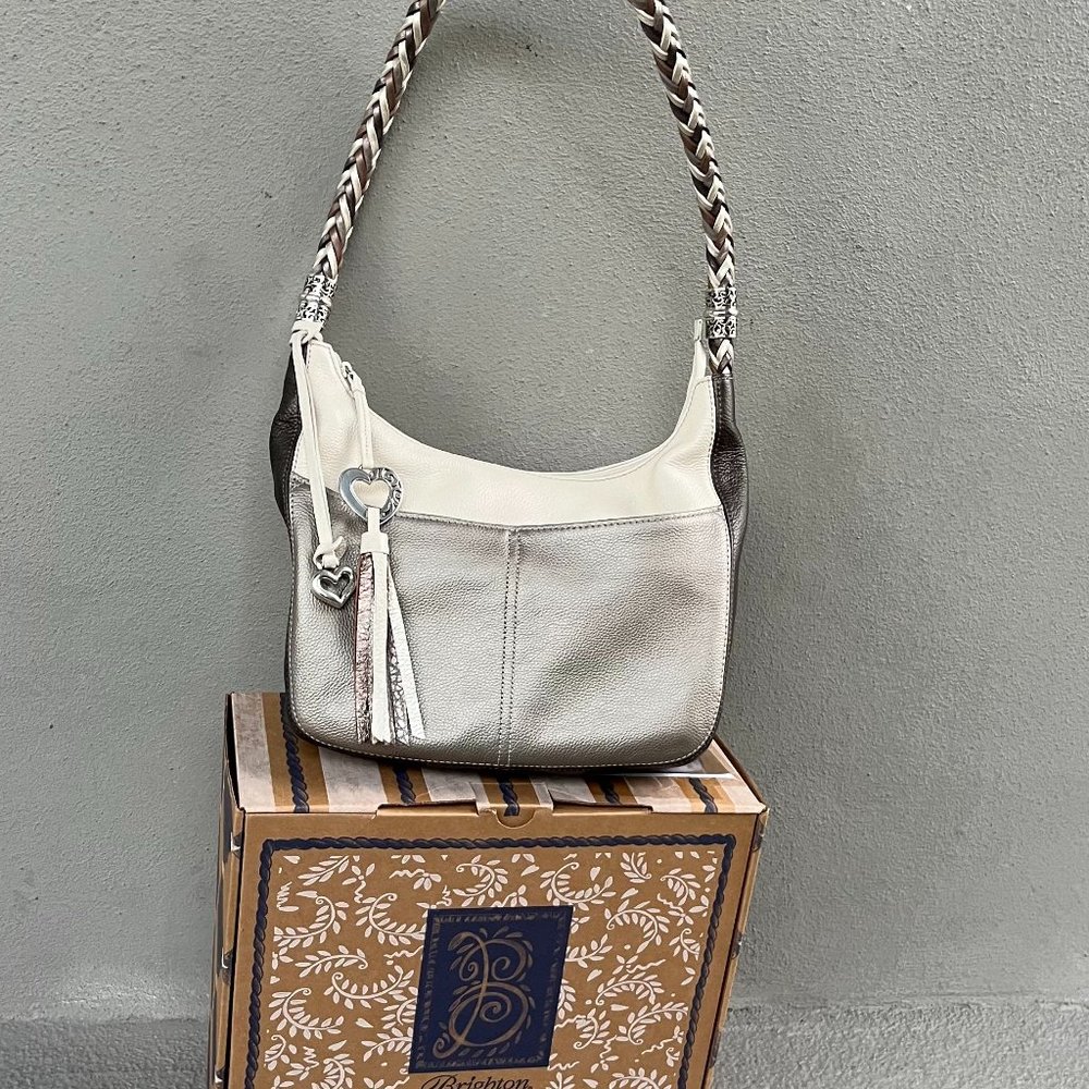 Brighton Barbados Ziptop Leather Hobo Shoulder Handbag Multicolor Pewter/Off-Wht